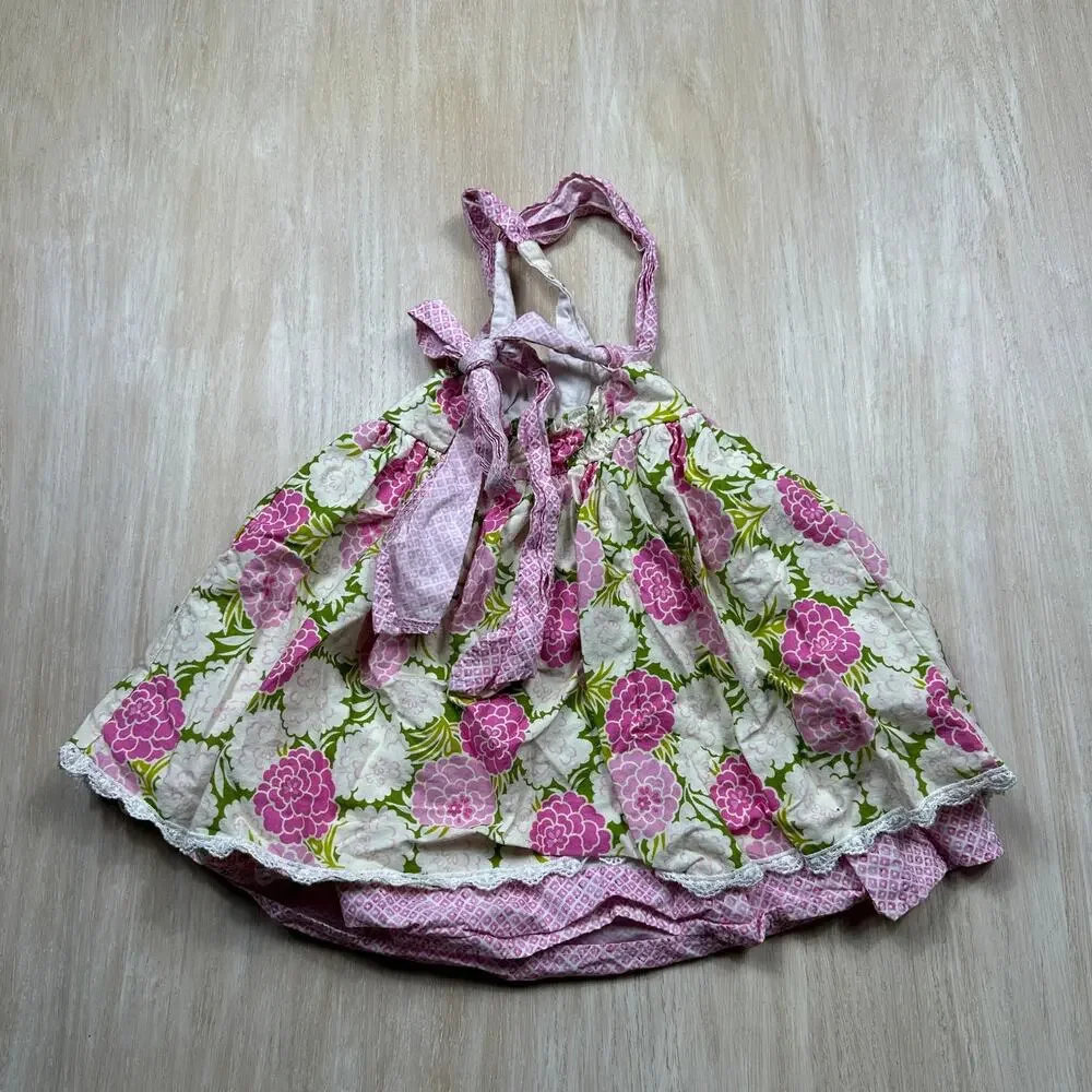 Haute Baby Pink Green Floral Cottagecore Lace Rosette Halter Sundress Dress 3T